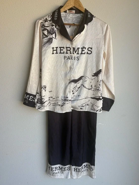 Ivory and Black Printed Button-Up Shirt and matching pant set - Picture 2 of 10